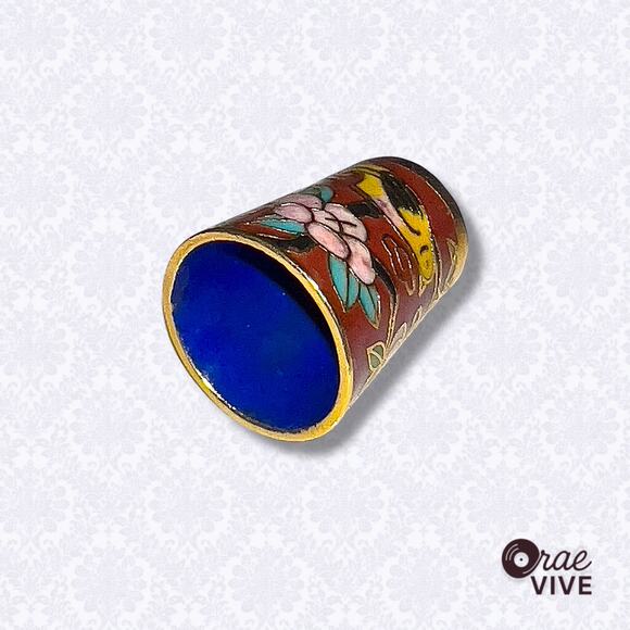 Vintage Chinese Cloisonné Thimble Set of 2 - Floral & Bird Enamel - Picture 4 of 4